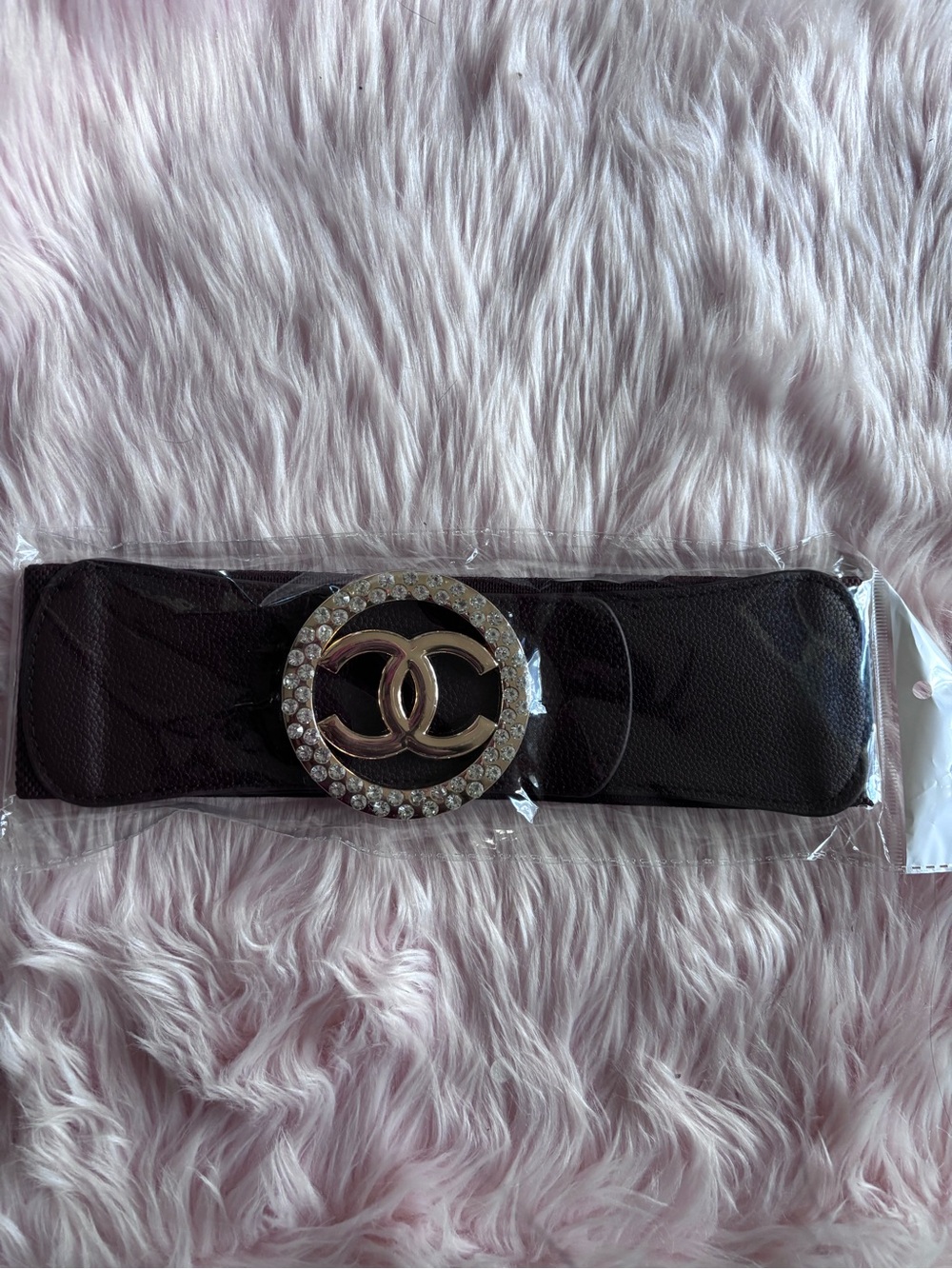 Black Women's Stretch Belt with Crystal-Embellished Logo Buckle